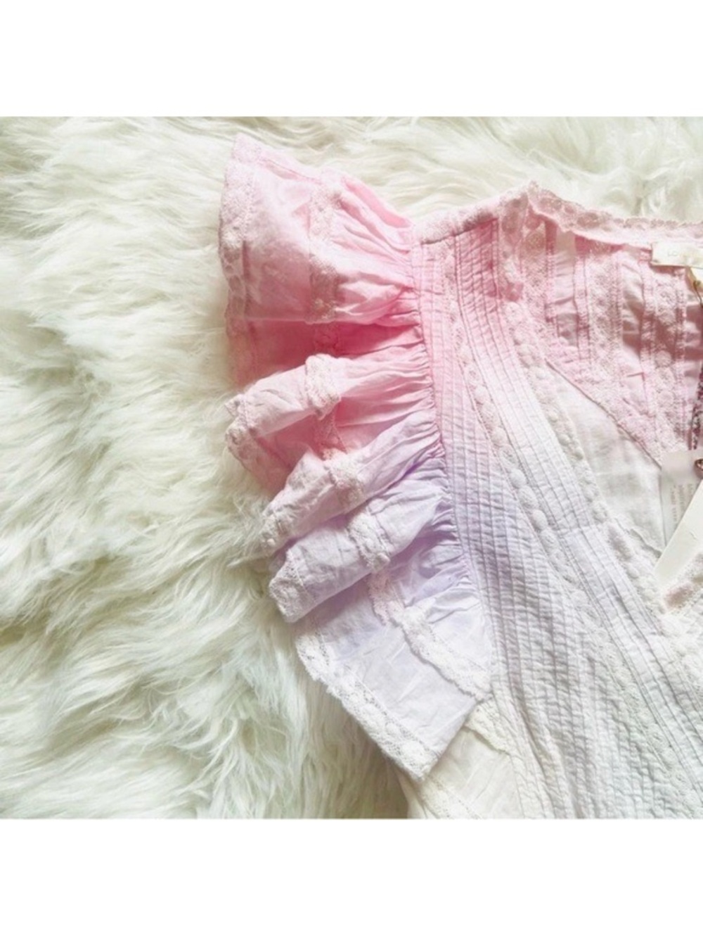 New! LoveShackFancy Gwen Tie Dye Lace Ruffle Cotton Mini Dress in Pink White - Picture 9 of 13